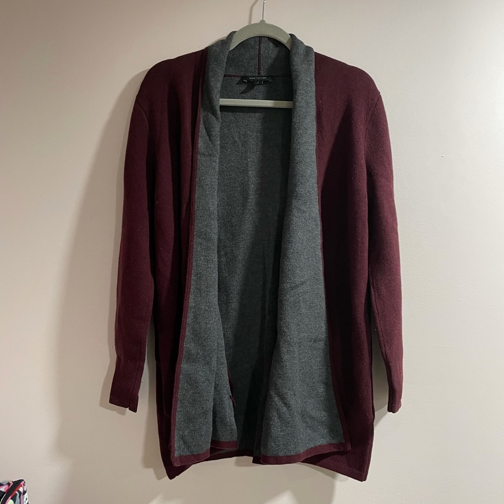Ann Taylor Burgundy Maroon Gray Wool Cashmere Blend Open Cardigan Sz Small - Picture 2 of 5